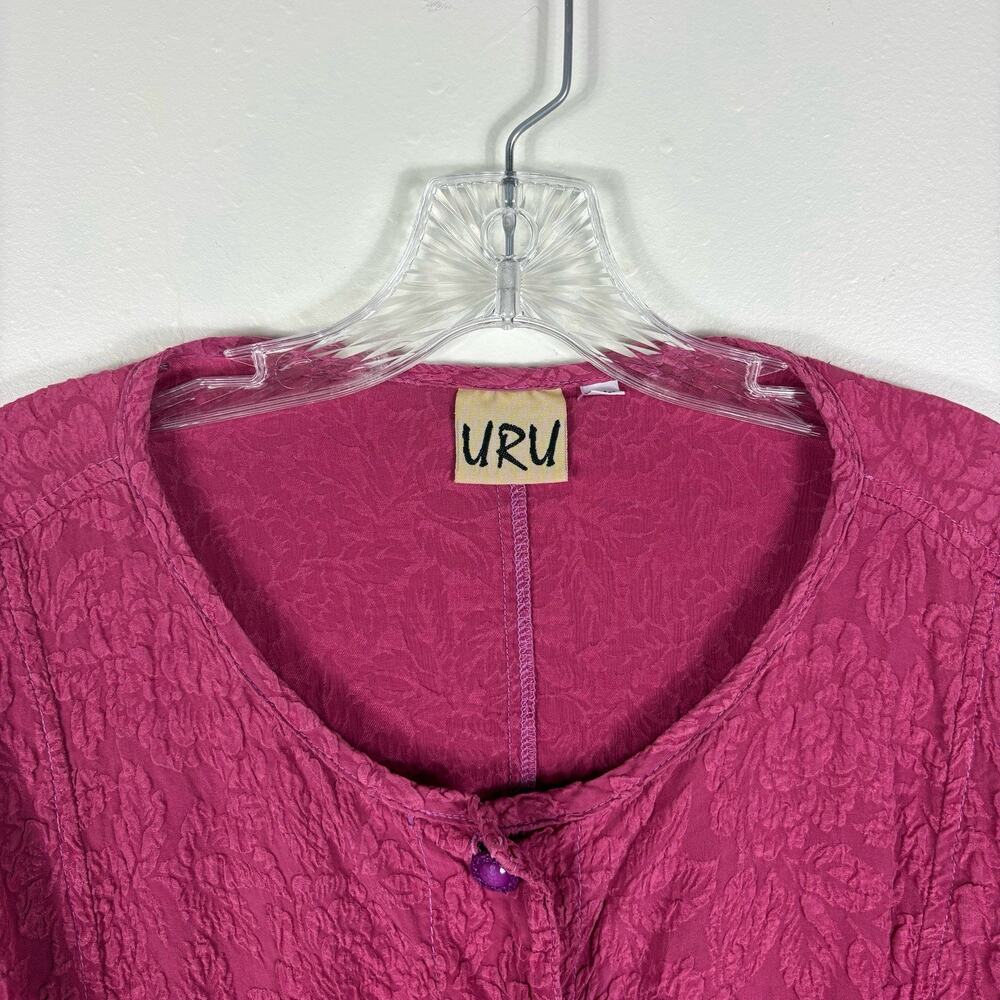 URU Top Women’s XL Berry Silk Textured Floral Jacquard Tunic Artsy Whimsical - Picture 3 of 9
